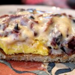 Creamed chipped beef with eggs.