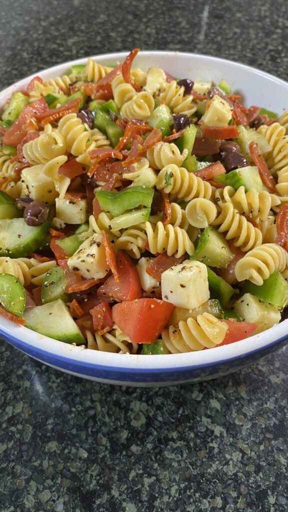Close-up of Pasta Salad in serving bowl.